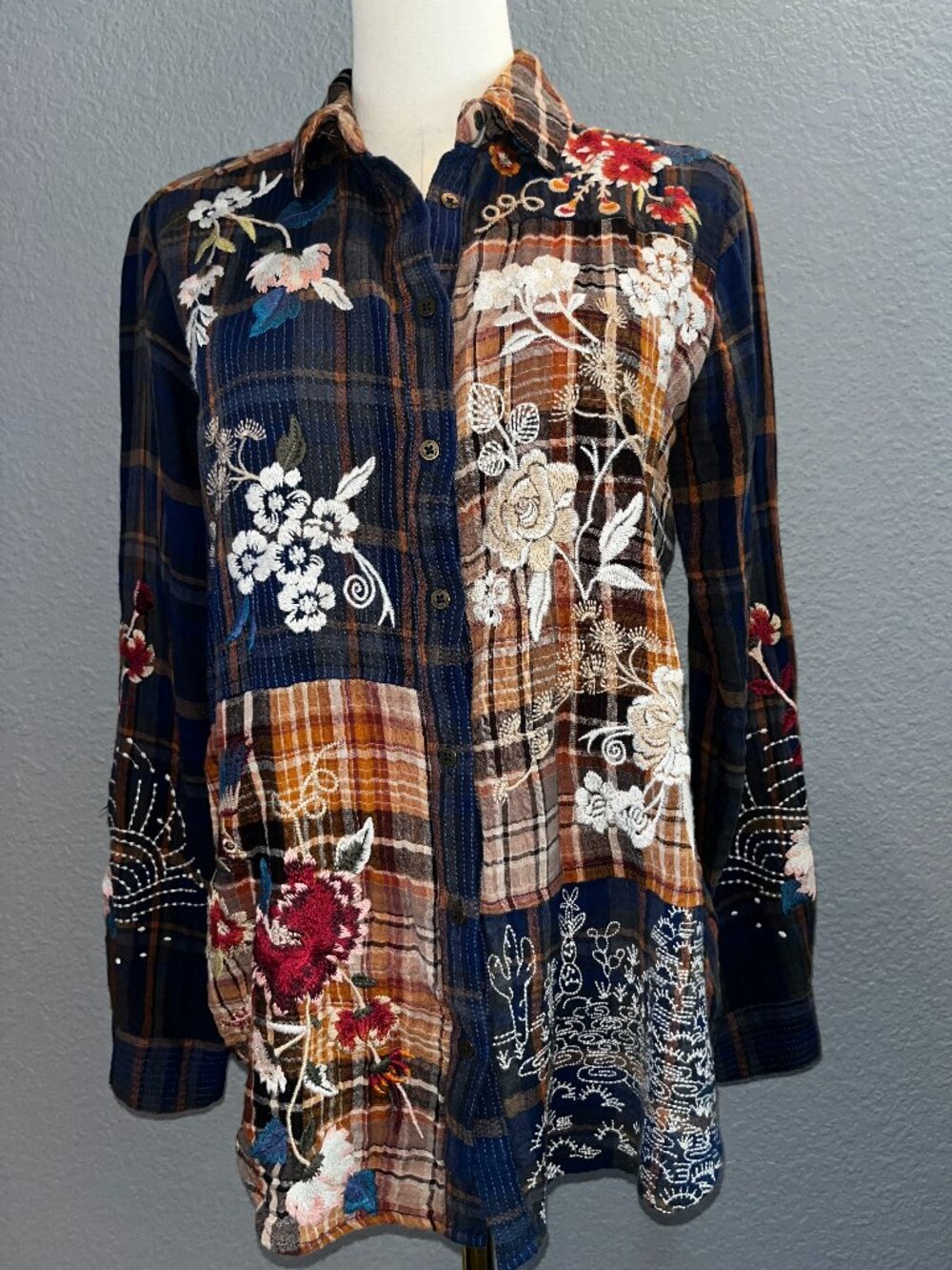 JOHNNY WAS WORKSHOP FREJA Plaid Mix Oversized Embroidered Shirt - EUC - Size XS